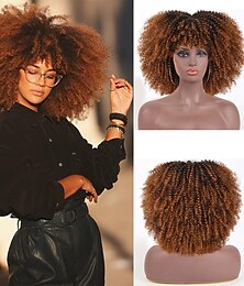 abordables -pelucas marrones para mujeres pelo de alta temperatura pelucas rizadas afro rizadas con flequillo para mujeres negras pelucas de cosplay sin cola sintéticas africanas ombre