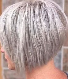 economico -parrucche pixie bob grigie corte per donne bianche parrucca sostitutiva per capelli lisci sintetici grigio argento