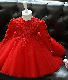 cheap -Kids Little Girls' Dress Solid Colored Flower A Line Dress Party Special Occasion Birthday Mesh Red White Maxi Long Sleeve Princess Sweet Dresses Fall Spring Regular Fit 3-12 Years