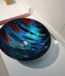 cheap -Red and Blue Color Tree Grain Round Basin Tempered Glass Wash Basin Without Faucet Suitable Waterfall Faucet Basin Holder