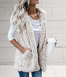 economico -Women's Vest Teddy Coat Gilet Sherpa Jacket with Hood Outdoor Street Going out Fall Winter Regular Coat Regular Fit Warm Breathable Cute Casual Jacket Sleeveless Solid Color Pocket White Black Gray