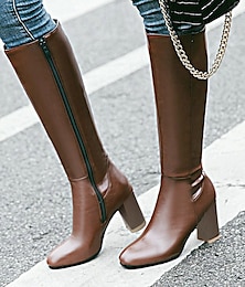 abordables -Botas marrones hasta la rodilla para mujer con cremallera lateral y tacones de bloque: calzado elegante y versátil para otoño e invierno