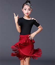 cheap -Kids' Dancewear Skirts Tassel Hollow-out Pure Color Girls' Performance Training Short Sleeve Spandex