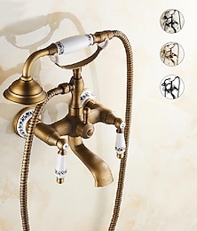 זול -ברז כיור אמבטיה, פליז צורת טלפון התקנת קיר נפוץ נשלף בסגנון כפרי מצופה נחושת גימור שתי ידיות ברז אמבטיה עם מקלחת יד וניקוז