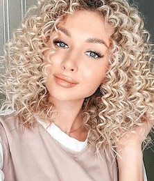 cheap -Blonde Wigs For Women Synthetic Wig Afro Curly Middle Part Wig Short
