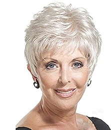 abordables -perruques synthétiques courtes et moelleuses de couleur blanche argentée avec une frange pour les femmes âgées