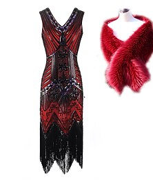 preiswerte -Goldene Zwanziger 1920er Cocktailkleid Knielang Flapper Kleid Kleid Outfits Normal Ärmellos Der große Gatsby Charleston Übergrössen Pailletten Quastenfransen Pailletten V Ausschnitt Kostüm Damen