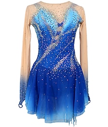 cheap -Figure Skating Dress Women's Girls' Ice Skating Dress Outfits Blue+Light Blue Patchwork Asymmetric Hem Mesh Spandex High Elasticity Competition Skating Wear Handmade Crystal / Rhinestone Long Sleeve