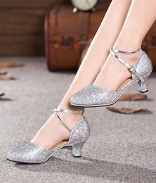 ieftine -Pentru femei Încălțăminte latină Sală Dans Pantofi Moderni Interior Profesional Vals Sandale Călcâi Strălucire Toc Cubanez Buclă Negru Argintiu Auriu