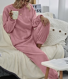 abordables -Conjunto de pijama de polar rosa para mujer, 2 piezas, color puro, deportivo, sencillo, cómodo, para fiesta, hogar, calle, cálido, regalo, sudadera de manga larga, pantalón, cinturilla elástica,