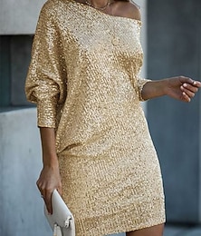 ieftine -rochie din tricot asimetrică cu un singur umăr pentru femei, cu sclipici argintiu, mânecă trei sferturi, petrecere de cocktail deasupra genunchiului, îmbrăcăminte elegantă semi-formală de iarnă