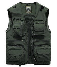 billiga -Herr Gilet Fiskeväst Vandringsväst Utomhus Gata Fiske Tävlings Sportig Ledigt Sommar Höst Ficka Blixtlås i fullängd Polyester Andningsfunktion Ensfärgat Dragkedja V-hals Normal Svart Armégrön