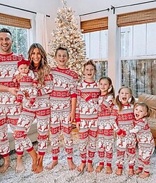 billiga -familj Jul familjepyjamas Pyjamas Grafisk Hjort Hem Mönster Rubinrött Långärmad Aktiv Matchande kläder