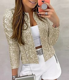 cheap -Women's Sequin Sparkling Cardigan Jacket Long Sleeve Open Front Slim Fit Sequined Spring Fashion Open Stitch Coat With Pure Color For Party Casual Fashion Spring & Fall