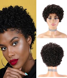 baratos -peruca de cabelo humano remy corte pixie para mulheres negras cabelo curto afro encaracolado brasileiro peruca barata cabelo humano peruca sem tampa natural preto #1b para festa diária