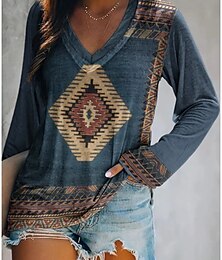 baratos -Camiseta Feminina Plus Size Tunica Gráfica Geométrica Vintage Básica Manga Longa Decote em V Comprimento Longo Diária Final de Semana Estampada Azul Caqui Outono e Inverno