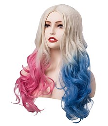 baratos -Peruca Longa Wavy Harley Quinn Louro Rosa Azul Ombre para Mulheres Perucas de Cosplay Festa Perucas de Halloween