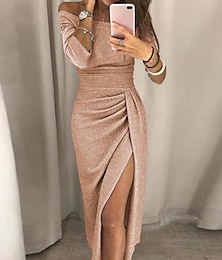 cheap -Sheath / Column Cocktail Dresses Party Dress Party Wear Prom Ankle Length Half Sleeve Off Shoulder Fall Wedding Guest Jersey with Ruched Slit 2024