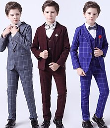 cheap -3 Pieces  Kids Boys Blazer Vest Pants Party Set Formal Long Sleeve Blue Gray Red Plaid Bow Cotton Clothes Set Gentle Regular Suit