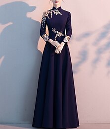 abordables -Robe de mère de la mariée A-Line élégante simple col montant longueur de sol tissu extensible manches longues avec plis appliqués taille personnalisée gratuite