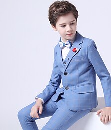 voordelige -3-delig Ringdragerkostuums Jongens Kinderen Pak Formeel pak Kostuum en blazer Formele set Tank & Broek Feest Speciale gelegenheden  Basic Zacht Ruitjes Zwart Licht Blauw Katoen