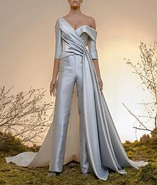 voordelige -Jumpsuits Hofsleep Avondjurken Baljurk met overrok Formele kleding Elegant Celebrity-Stijl minimalistische Halve mouw Schouderafhangend Verloving Formele avonden Satijn met Plooien Overrok