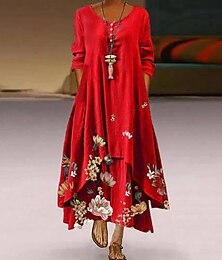 Χαμηλού Κόστους -γυναικείο φόρεμα swing μάξι μακρύ φόρεμα κόκκινο μακρυμάνικο με στάμπα τσέπη στάμπα άνοιξη καλοκαίρι στρογγυλή λαιμόκοψη casual vintage 2022 s m l xl xxl xxxl 4xl 5xl / loose