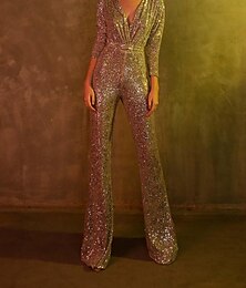 abordables -Combi-salles Robe scintillante Invité de mariage Prom Longueur au sol Manches 3/4 Décolleté en V Sequins avec sequins 2025