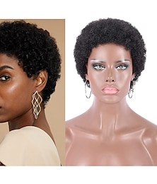 billiga -100% människohår kort svart afro kinky lockiga peruker för kvinnor 130% naturlig färg hel maskintillverkat hår människohår kapslösa peruker inga spets peruker 4 tum