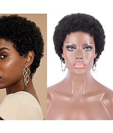 voordelige -100% menselijk haar korte zwarte afro kinky krullende pruiken voor vrouwen 130% natuurlijke kleur volledige machine gemaakt haar menselijk haar capless pruiken geen kant pruiken 4 inch