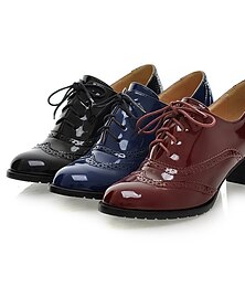 abordables -Mujer Escarpines Oxfords Bullock Zapatos Zapatos De Vestir Diario Color sólido Verano Talón de bloque Dedo redondo Clásico Británico Cuero Patentado Cordones Negro Borgoña Azul