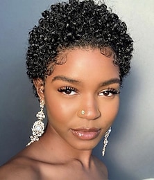 cheap -Human Hair Wig Short Afro Curly Pixie Cut Natural Black Party Women Easy dressing Capless Brazilian Hair Women's Black Party / Evening Daily Daily Wear