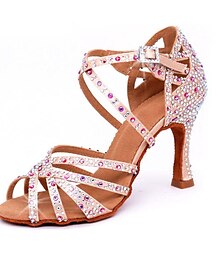 cheap -Women's Latin Shoes Ballroom Shoes Salsa Shoes Indoor Performance ChaCha Glitter Crystal Sequined Jeweled Heel Flared Heel Buckle Cross Strap Rosy Pink / Satin