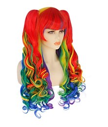 economico -parrucca arcobaleno da 14 pollici parrucca corta riccia con frangia parrucche sintetiche donne ragazze parrucche colorate abiti da orgoglio parrucca di carnevale
