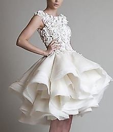 abordables -Robe de bal cocktail Robes années 1950 Robe de la Saint-Valentin retour à la maison courte  mini sans manches encolure en bijou organza avec appliqués épaule tiered fleur