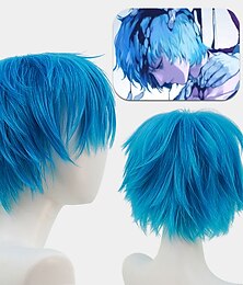 economico -parrucche blu per donne e uomini anime hero academy manico morto gruccia in legno grigio-blu capelli corti rovesciati cos parrucche di halloween