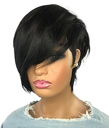 levne -Black Color  Short Human Wigs With Bangs Non Lace Brazilian Hair Pixie Cut Wig For Black Women Machine Made Human Hair Bob Wig