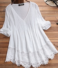 cheap -Women's Shirt Lace Shirt Blouse Eyelet top Cotton Pure Color Lace Button Daily Basic Casual 3/4 Length Sleeve V Neck White Summer Spring