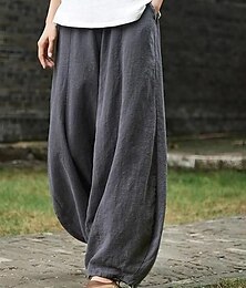 economico -Pantaloni chino larghi in cotone e lino da donna, taglie forti, in cotone, con tasche, a lunghezza intera, neri, autunno