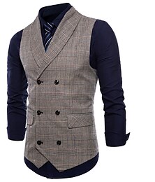 billiga -Herr Väst Företag Bröllopsfest Aktiv Smart Casual Vår Höst Polyester Rutig Dubbelknäppt Tröjkrage Smal Brun Ljusgrå Mörkgrå Väst