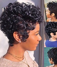 cheap -Human Hair Wig Full Machine Made with Bang Loose Curl Pixie Cut For Women 130% Brazilian Hair Capless Human Hair Wig None Lace Wig Black#1B  Daily Wigs