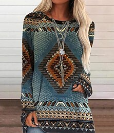olcso -Női Tunika Boho póló Póló Grafika Kockás Színes Szüret Etno Boho Hosszú ujj Kerek Normál felsők Hétköznapi Napi Alkalmi Nyomtatott Világoskék Ősz & tél
