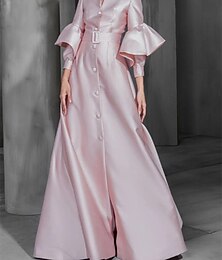 preiswerte -A-Linien Ballkleider Elegantes Kleid Hochzeitsgast Abschlussball Bodenlangen Langarm Stehkragen Satin mit Bänder  Schleifen Knöpfen Rüschen 2025