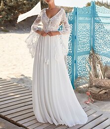 halpa -Beach Open Back Boho Wedding Dresses A-Line V Neck Long Sleeve Sweep / Brush Train Chiffon Bridal Gowns With Pleats 2024