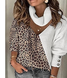cheap -Women's Pullover Sweater Jumper Turtleneck V Neck Ribbed Knit Button Thin Hole Drop Shoulder Fall Winter Daily Going out Stylish Casual Long Sleeve Leopard Color Block Maillard Black White Wine S M L