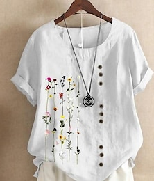 cheap -Women's Shirt Linen Shirt Blouse Floral Graphic Daily White Short Sleeve Vintage Casual Crew Neck Summer Spring