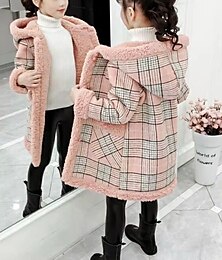 cheap -Kids Girls' Coat Parka Long Sleeve Pink Light Green Plaid Fur Collar Fall Winter Active 4-12 Years / Spring / Cute