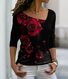 abordables -Camiseta de Rosa para Mujeres de San Valentín Linda Gráfica Floral Tops Regulares Manga Larga Cuello en V Impresión Ajuste Regular Casual Diario Festivo Rojo Azul Púrpura Verde Otoño e Invierno