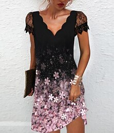 abordables -Robe droite femme robe longueur genou blanc noir rose manches courtes imprimé dentelle florale printemps été col v élégant décontracté moderne lâche 2023 s m l xl xxl 3xl