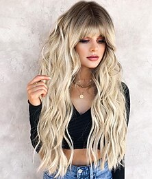 abordables -perruque synthétique ondulée avec une frange perruque longue a9 cheveux synthétiques femmes cosplay mode de fête blonde rose violet perruques de fête de noël